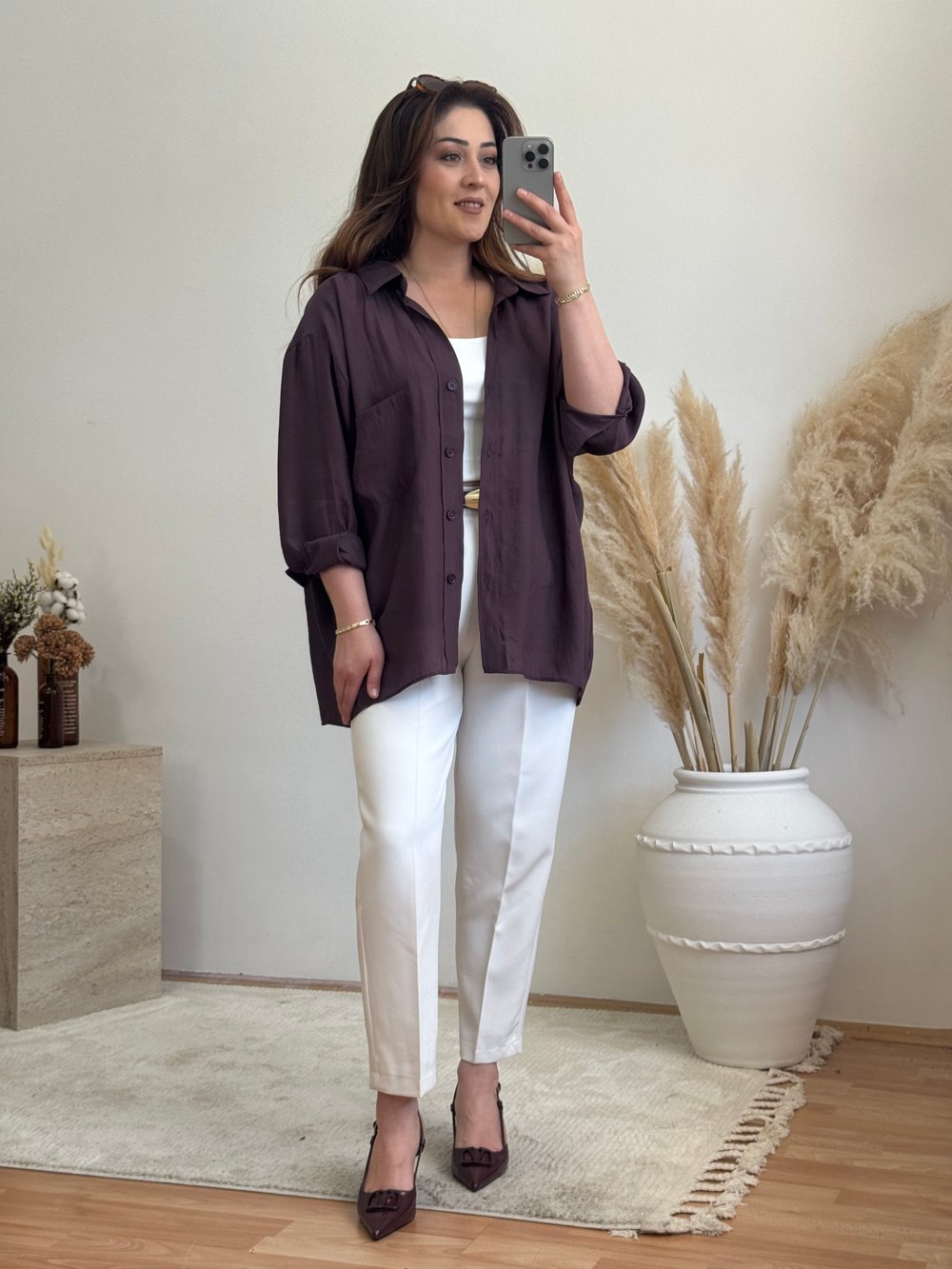 Düşük Omuz Oversize Gömlek-Mürdüm