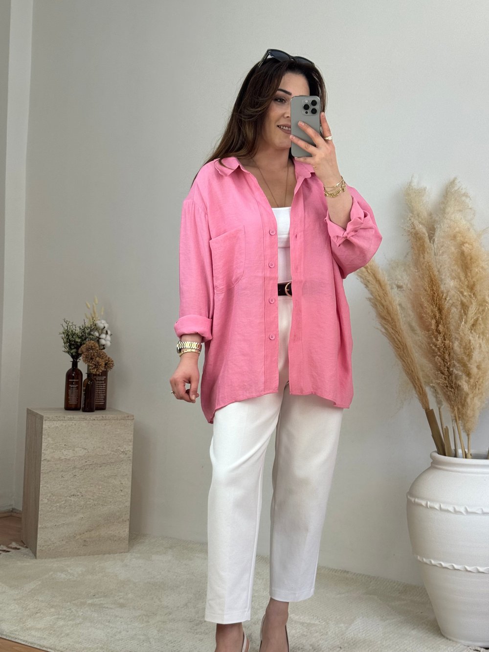 Düşük Omuz Oversize Gömlek- Pembe