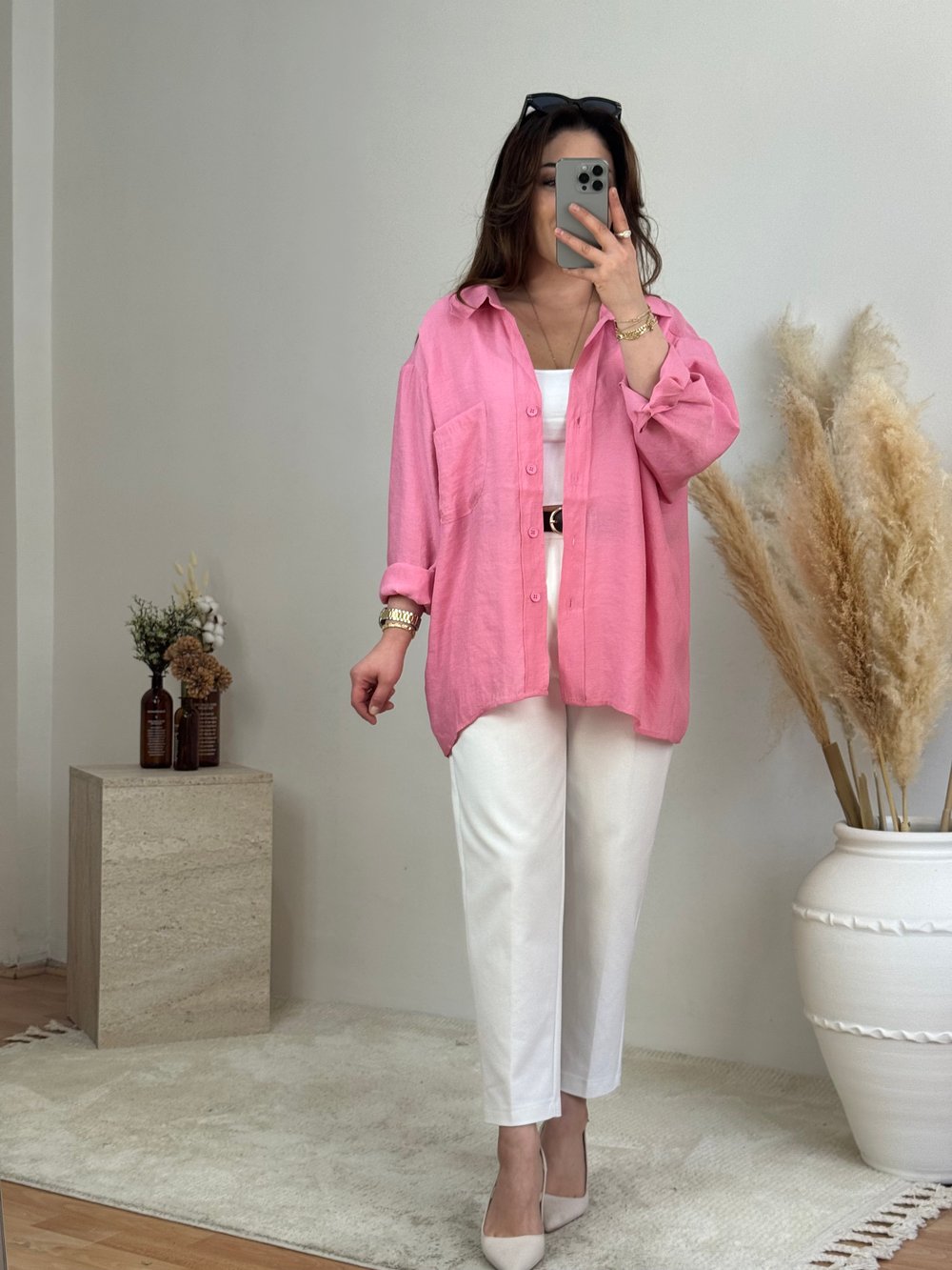 Düşük Omuz Oversize Gömlek- Pembe