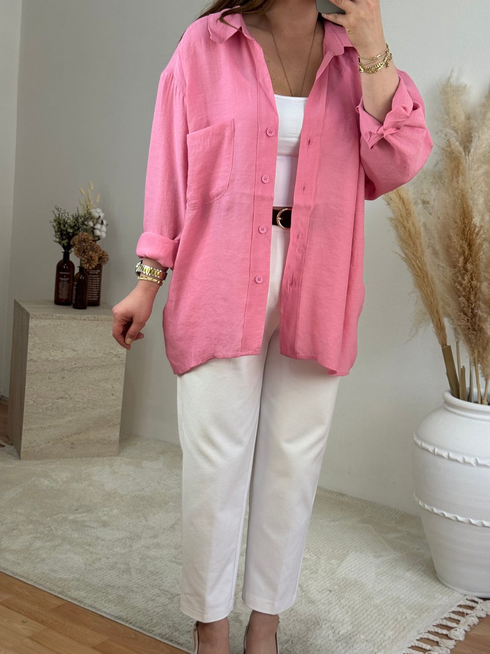 Düşük Omuz Oversize Gömlek- Pembe