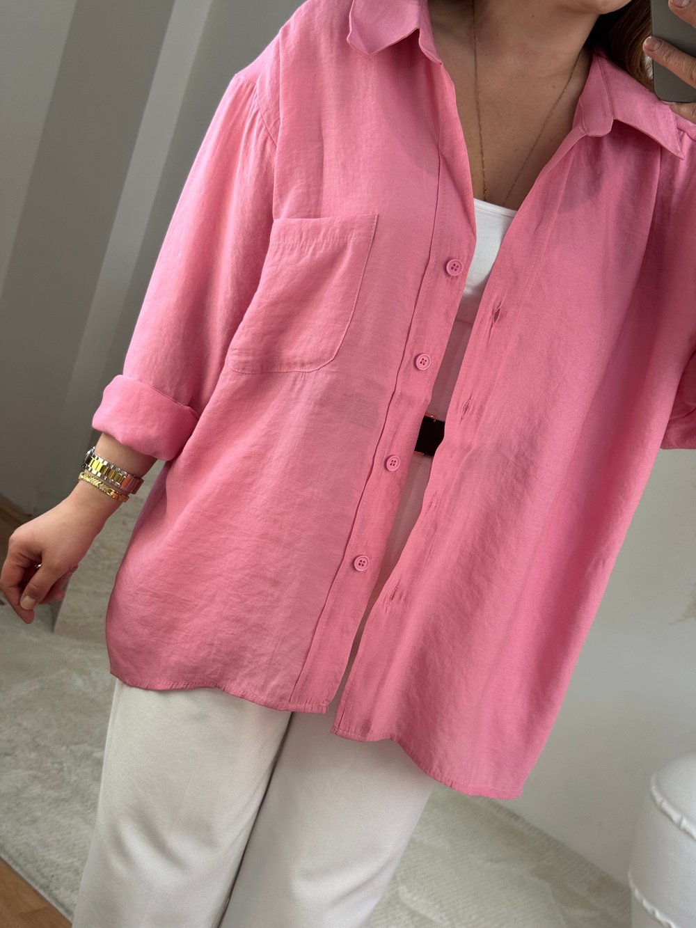 Düşük Omuz Oversize Gömlek- Pembe
