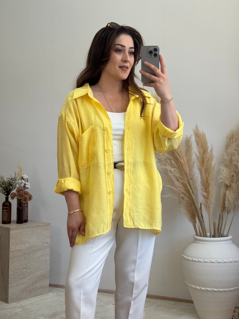Düşük Omuz Oversize Gömlek- Sarı