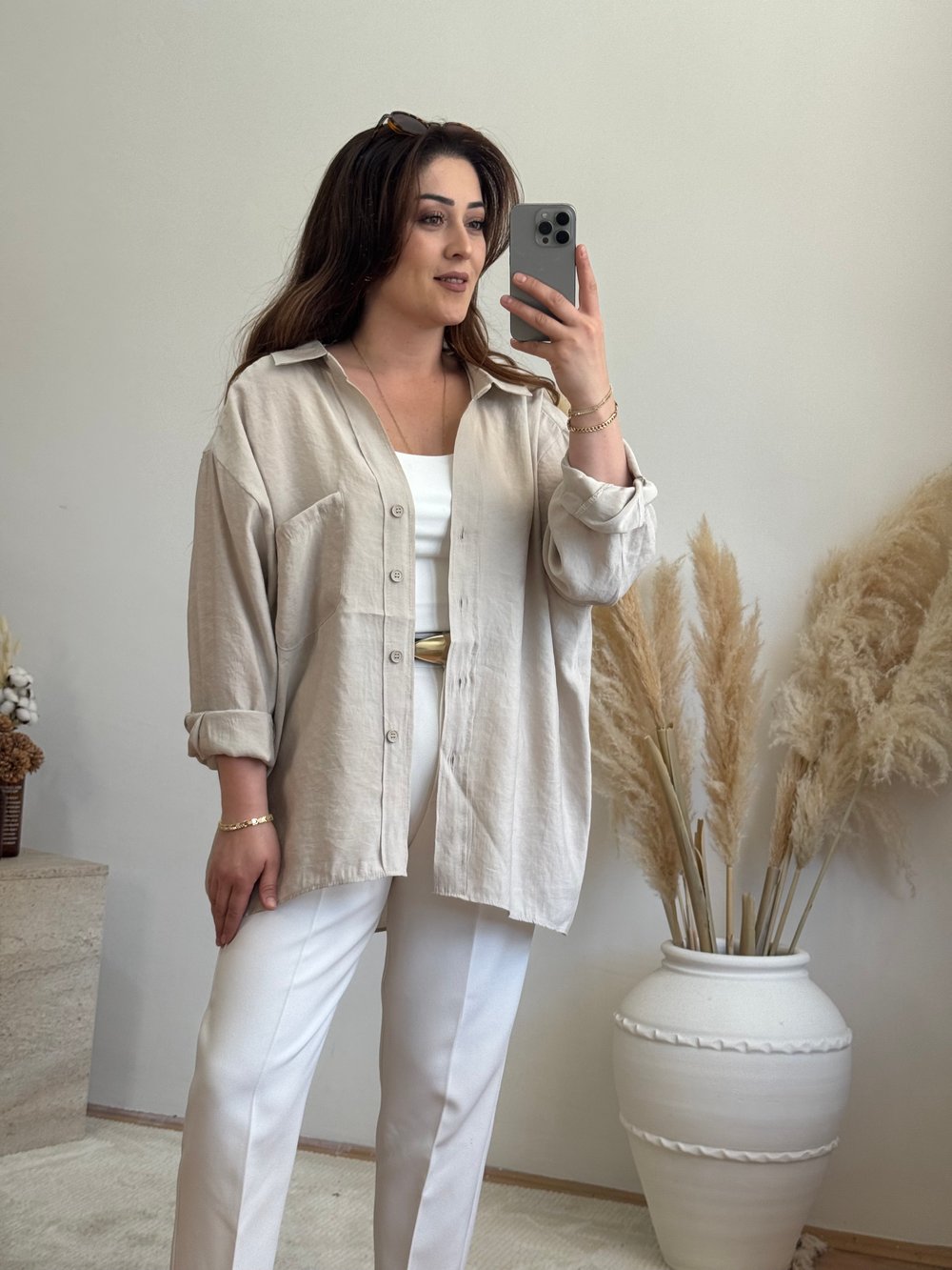 Düşük Omuz Oversize Gömlek-Taş