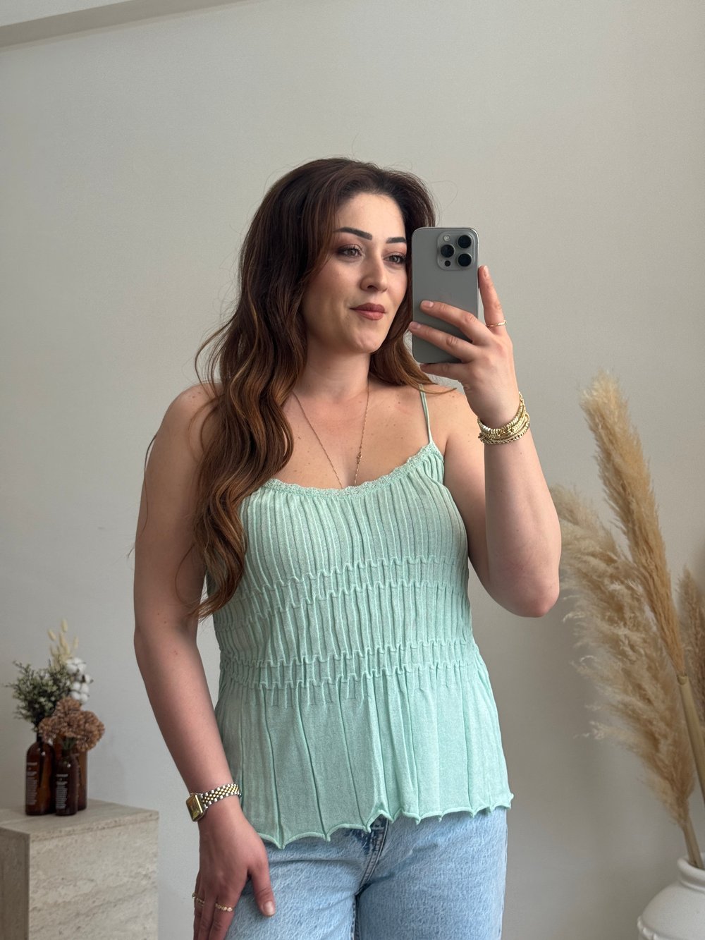 Fitilli Askılı Triko Bluz-Mint 