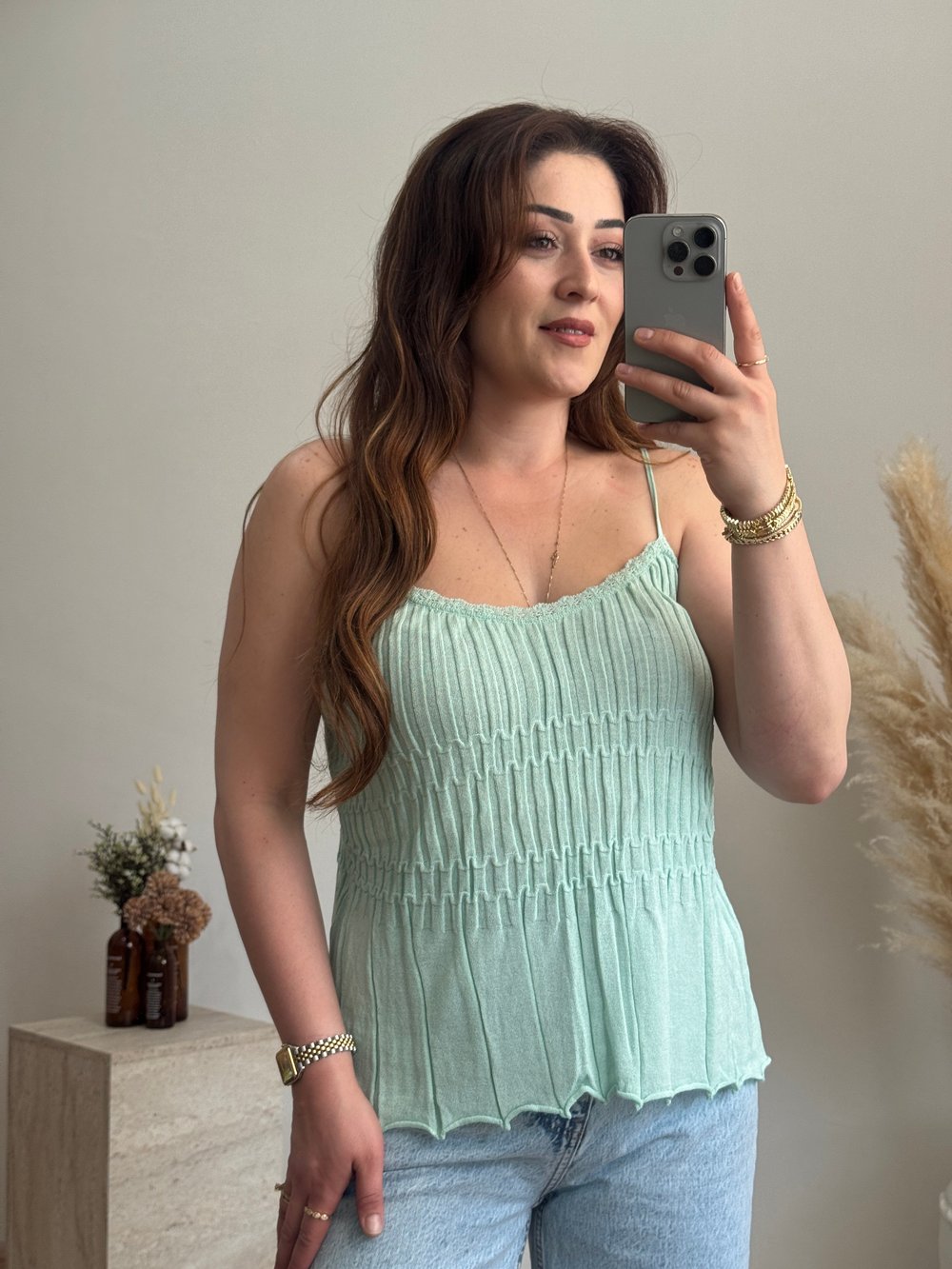 Fitilli Askılı Triko Bluz-Mint 