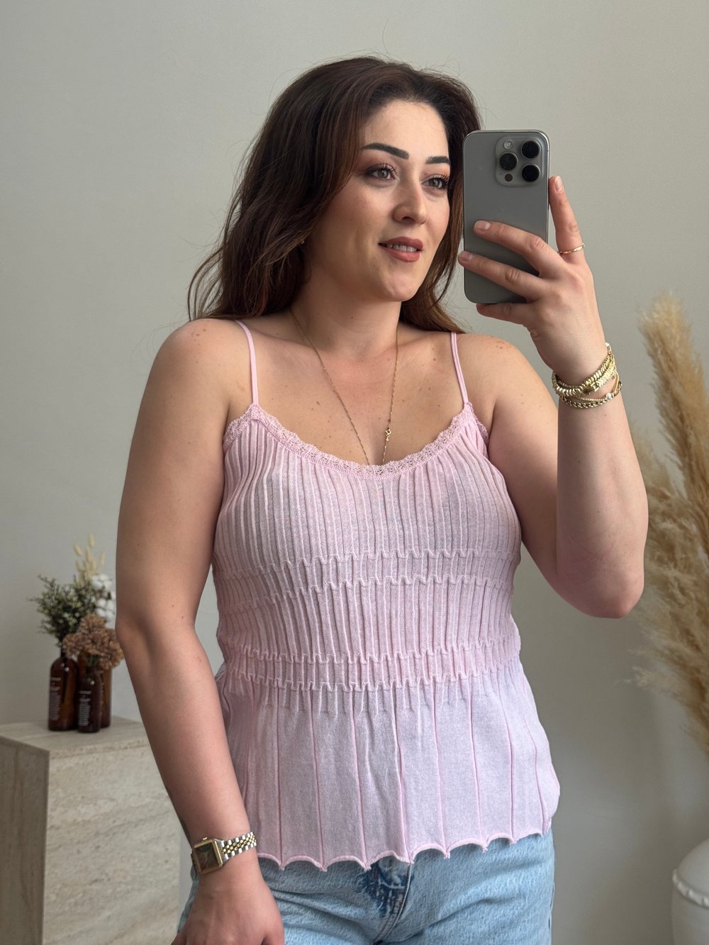 Fitilli Askılı Triko Bluz-Pembe