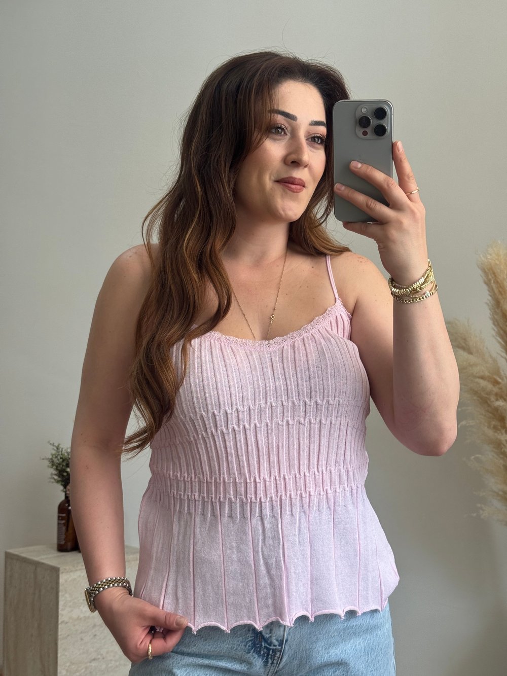Fitilli Askılı Triko Bluz-Pembe