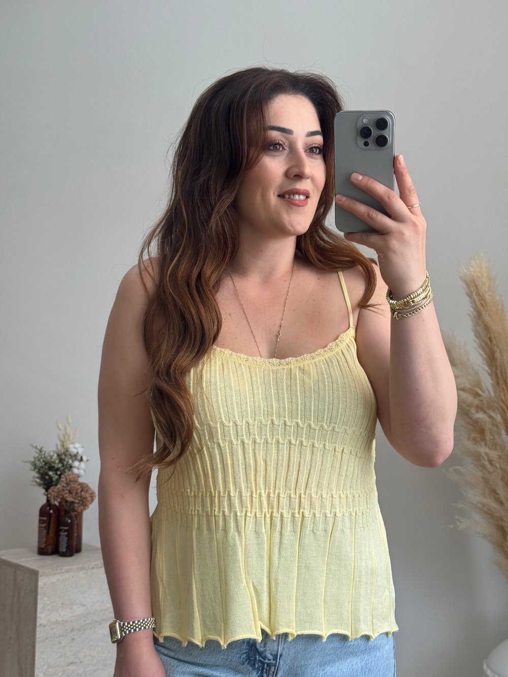 Fitilli Askılı Triko Bluz-Sarı
