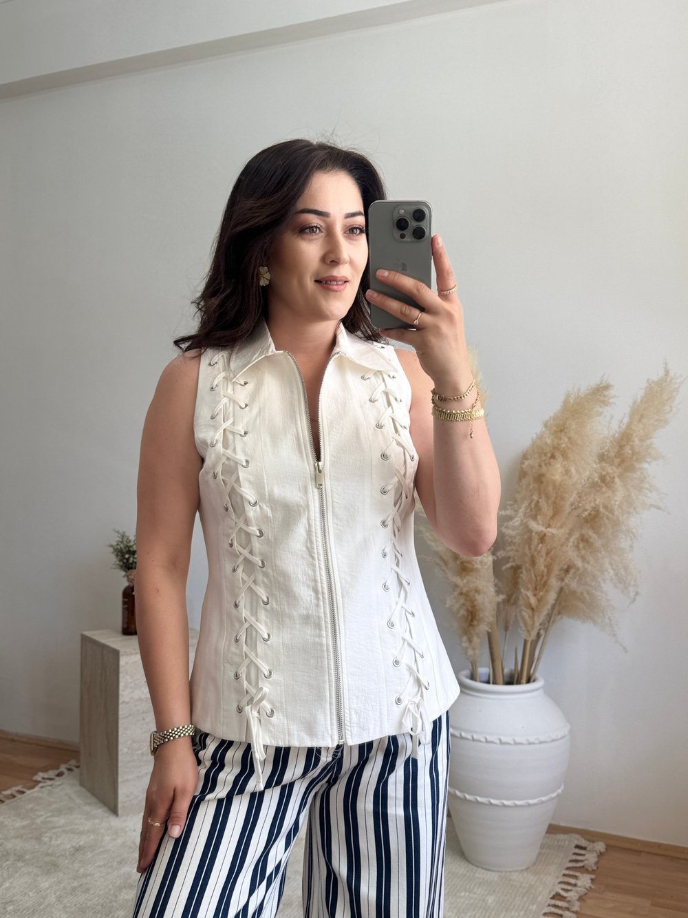Marin Bağcık Detaylı Yelek-Beyaz