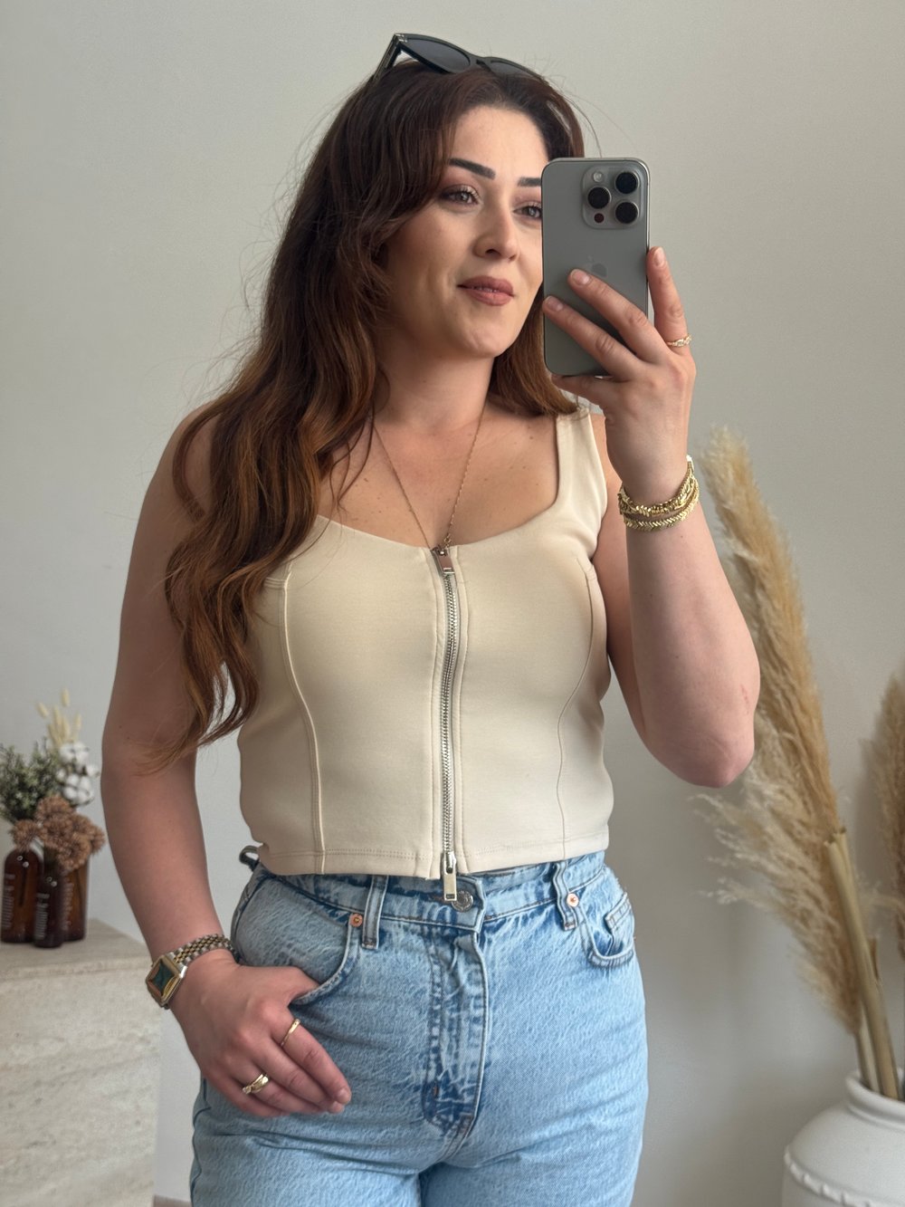 Ön Fermuar Detaylı Fit Crop Bluz-Taş