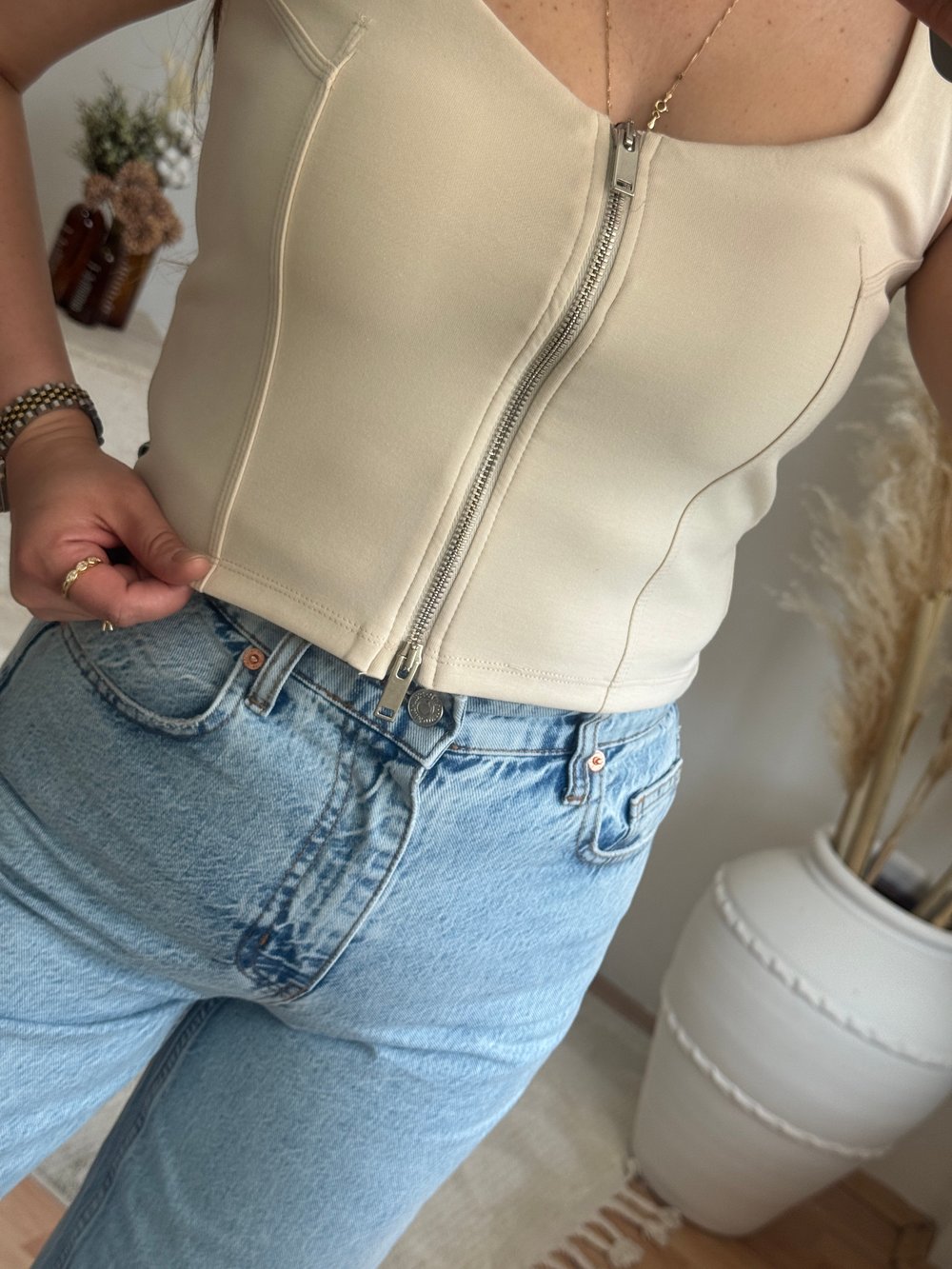 Ön Fermuar Detaylı Fit Crop Bluz-Taş
