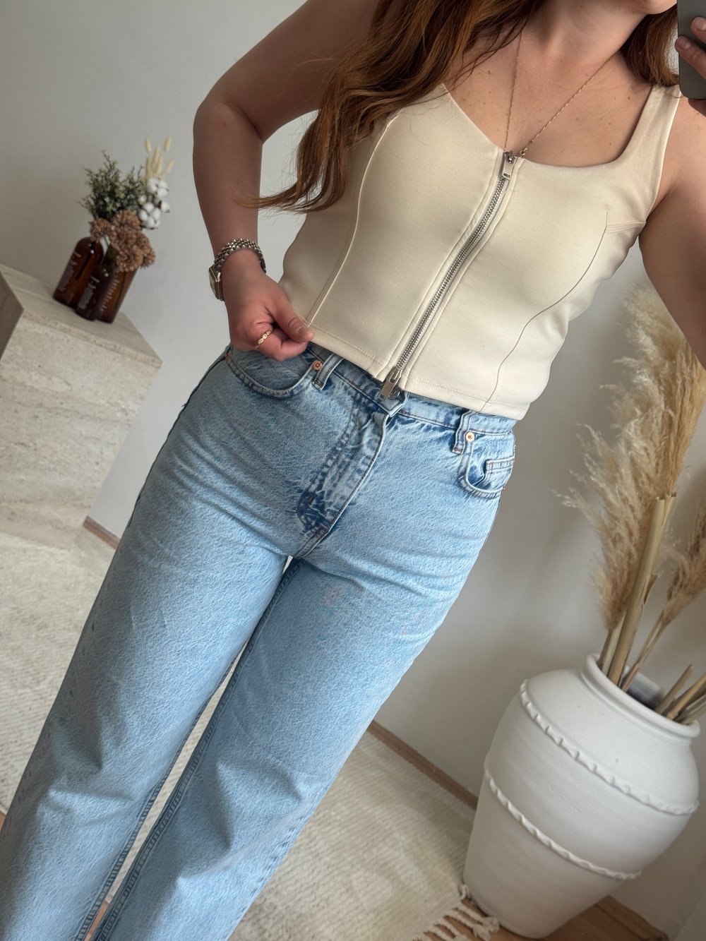 Ön Fermuar Detaylı Fit Crop Bluz-Taş