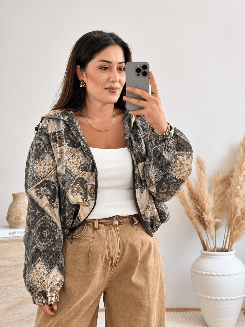 Paisley Desenli Kapüşonlu Mont