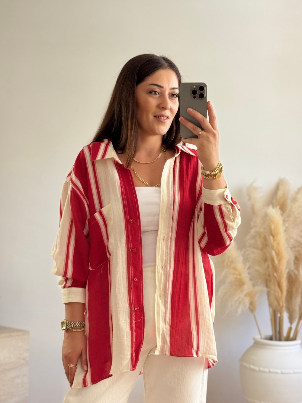 Premium Oversize Çizgili Gömlek-Kırmızı
