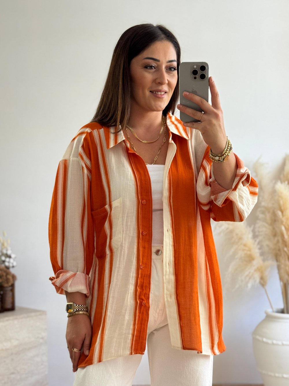Premium Oversize Çizgili Gömlek-Turuncu