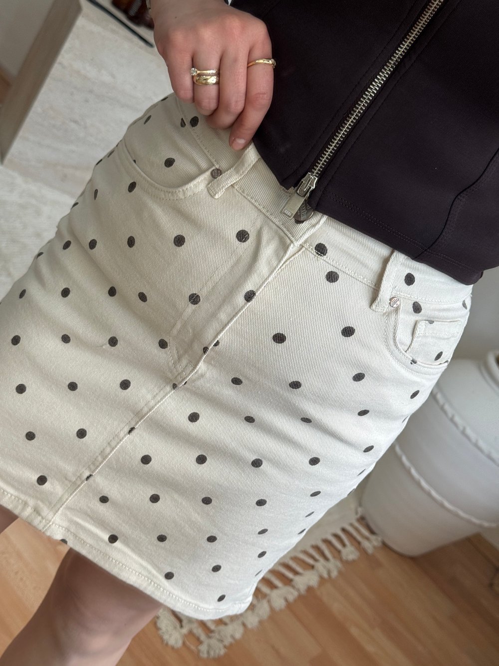 Puantiye Desenli Mini Jean Etek-Taş