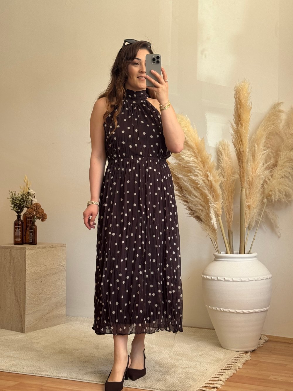 Puantiyeli Halter Yaka Elbise- Kahve