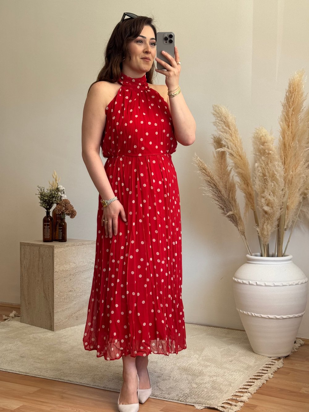 Puantiyeli Halter Yaka Elbise- Kırmızı