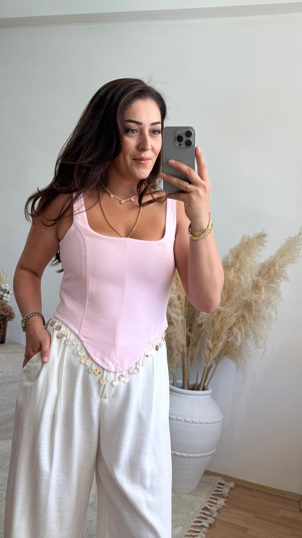 Pul Detaylı Sırt Bağlamalı Büstiyer-Pembe