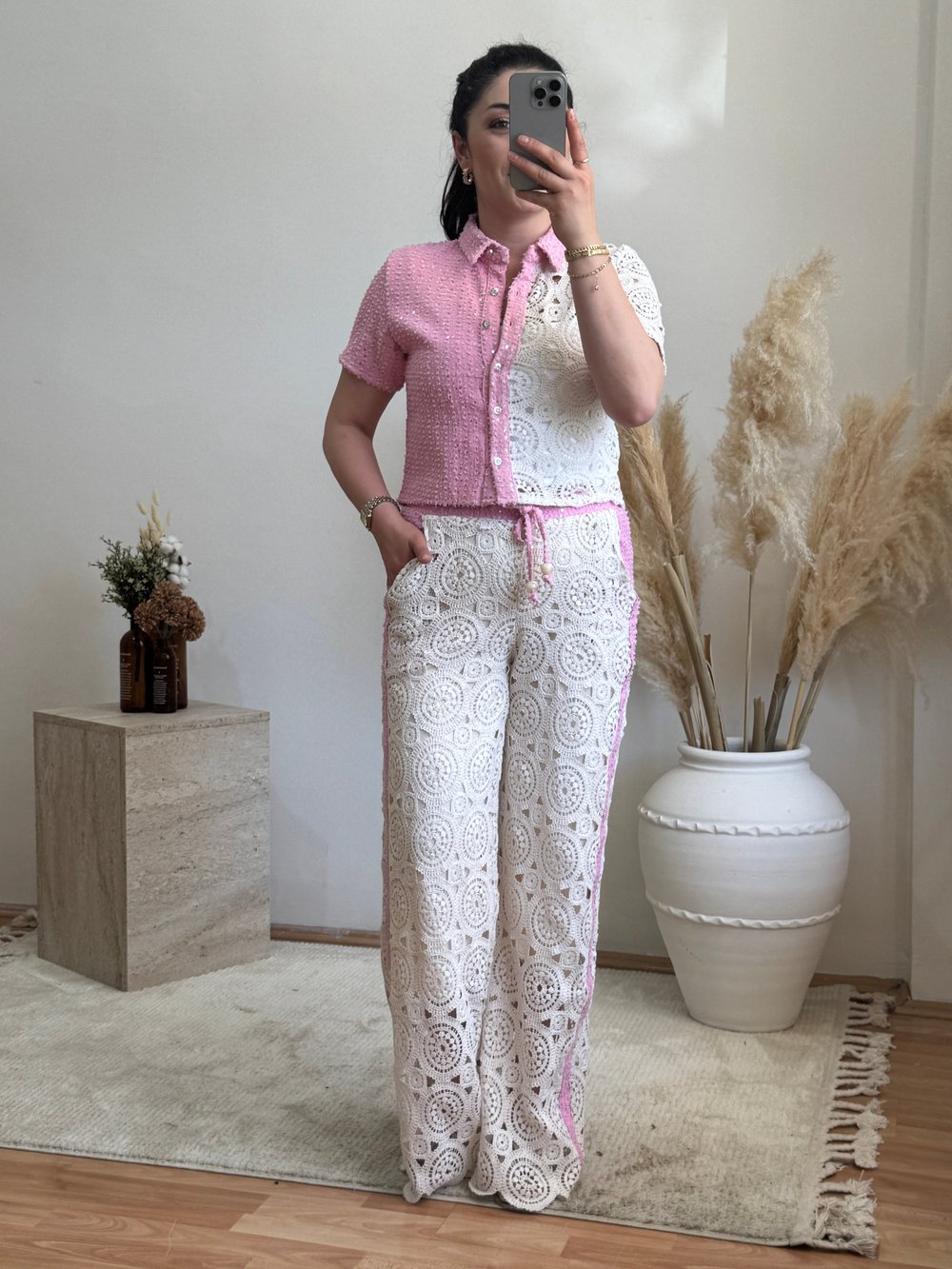 Tasarım Dantel Detay Pantolon Ekru-Pembe