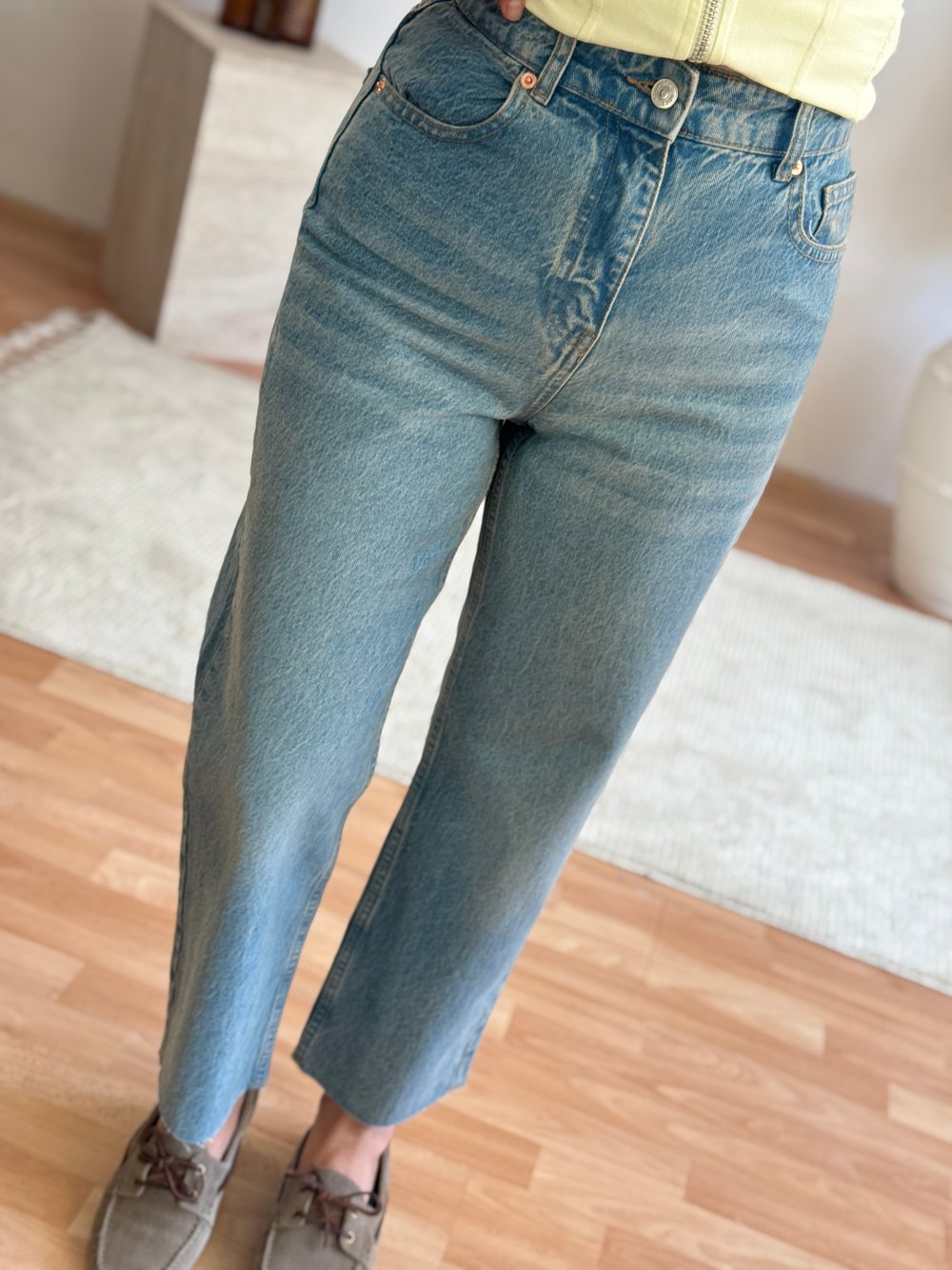 Zra Kesik Paça Mom Fit Jean-Yeşil Tint