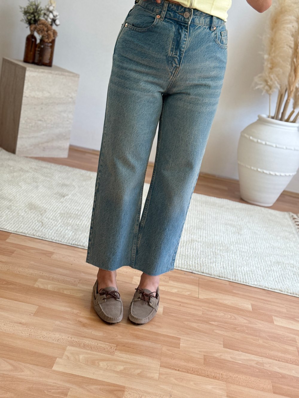 Zra Kesik Paça Mom Fit Jean-Yeşil Tint
