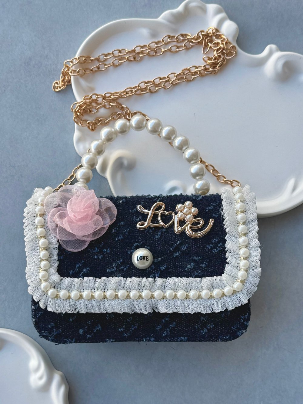 İnci Detaylı Koyu Kot Denim Çanta Pembe