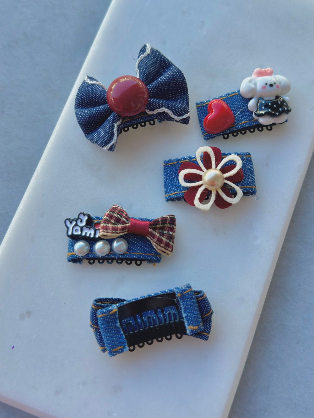 Kot Denim Kurdele İnci Detaylı Saçsız Bebek Tokası 5li