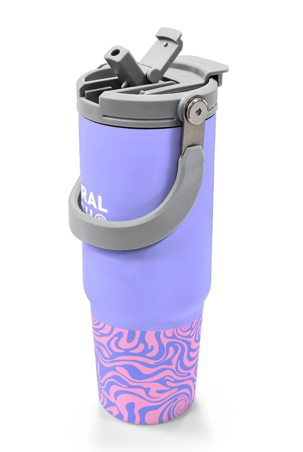 Coral High 900 ml Lila Geometrik Desenli Pipetli ve Direkt İçim Çelik Termos 