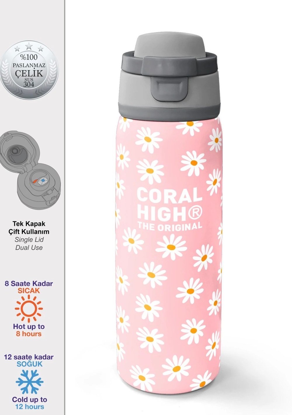 Coral High 800 ml Papatya Desenli Pipetli ve Direkt İçim Çelik Termos