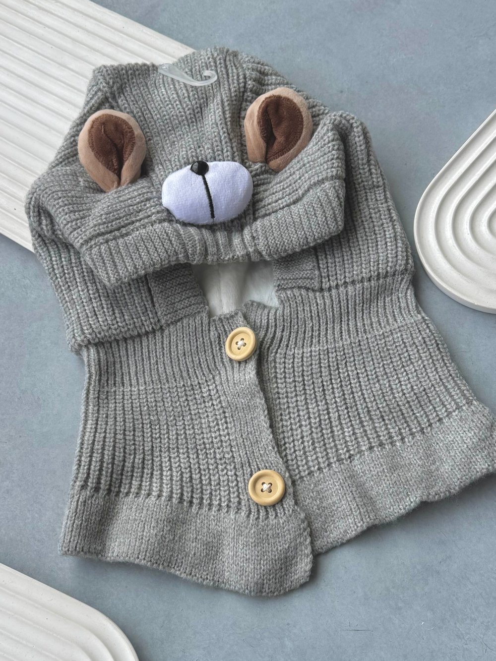 Gri Ayıcık Düğme Detaylı Balaclava