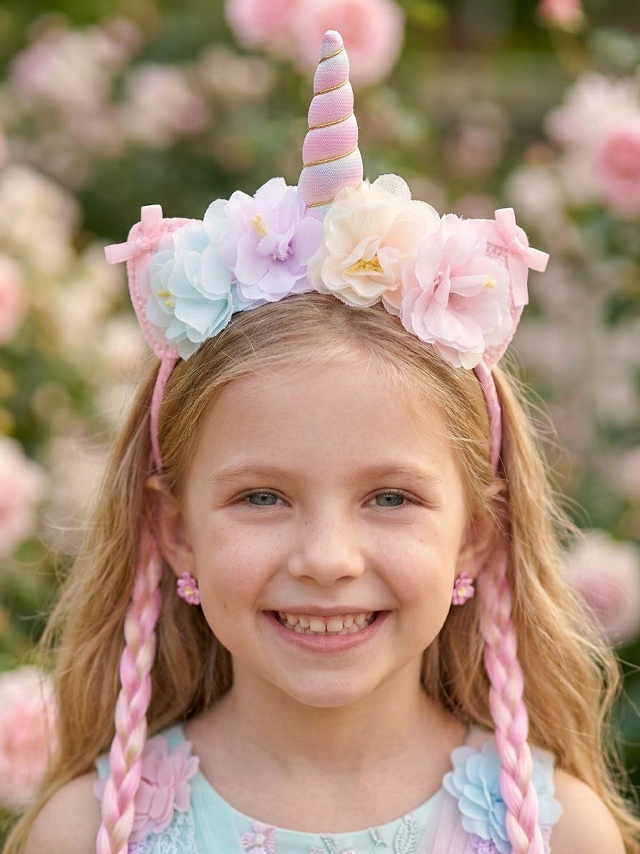 Çiçek Detaylı Pony Örgü Taç Pembe
