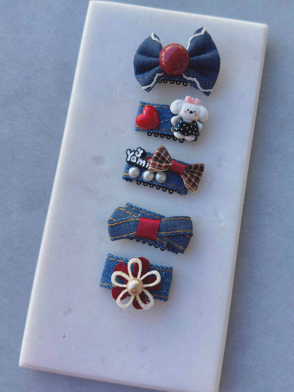 Kot Denim Kurdele İnci Detaylı Saçsız Bebek Tokası 5li