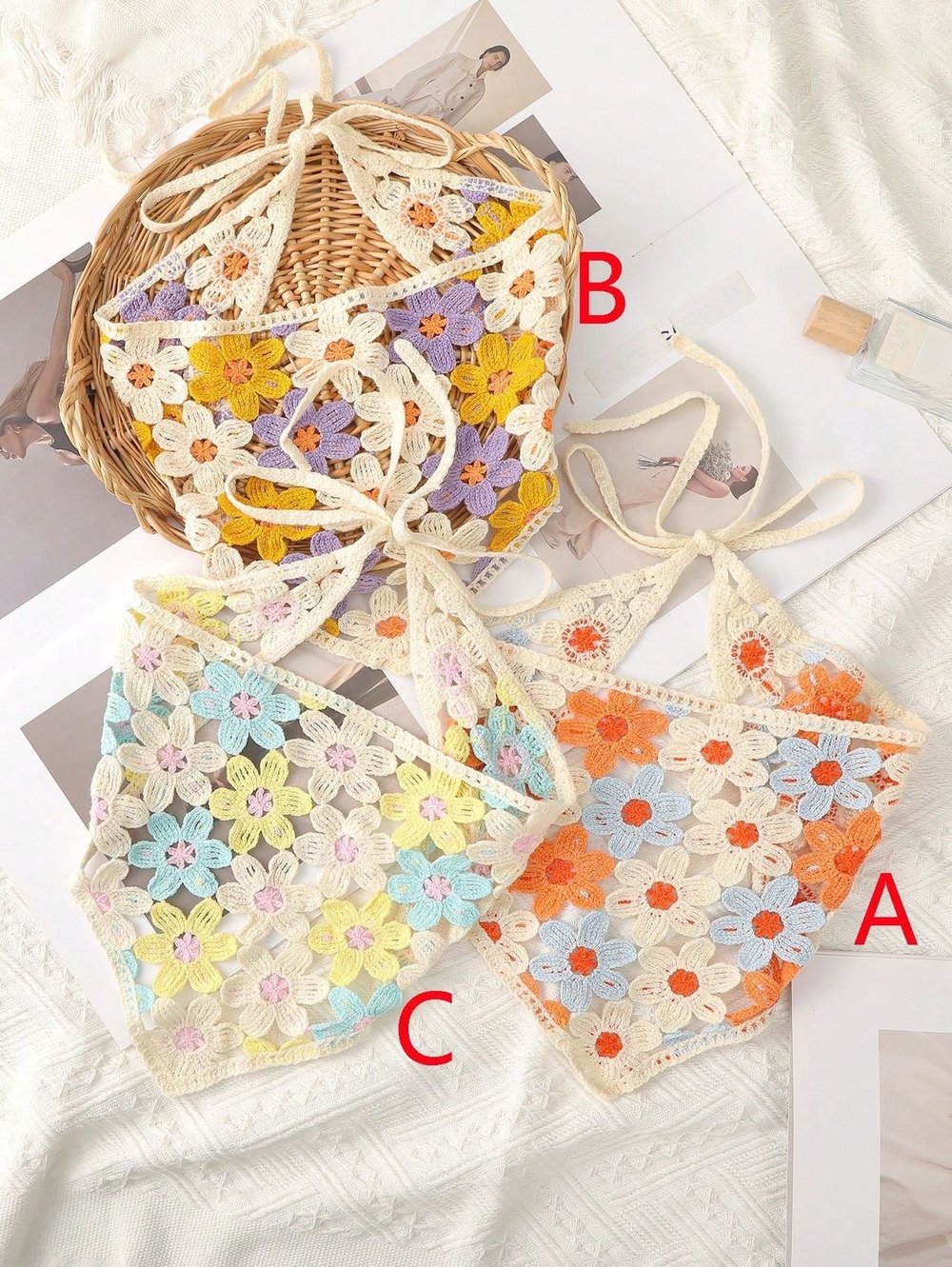Papatya Desenli Örme Bohem Bandana