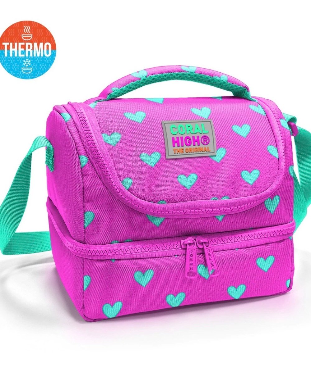 Coral High Neon Pembe Su Yeşili Kalp Desenli 2 Katlı Thermo  Beslenme Çantası