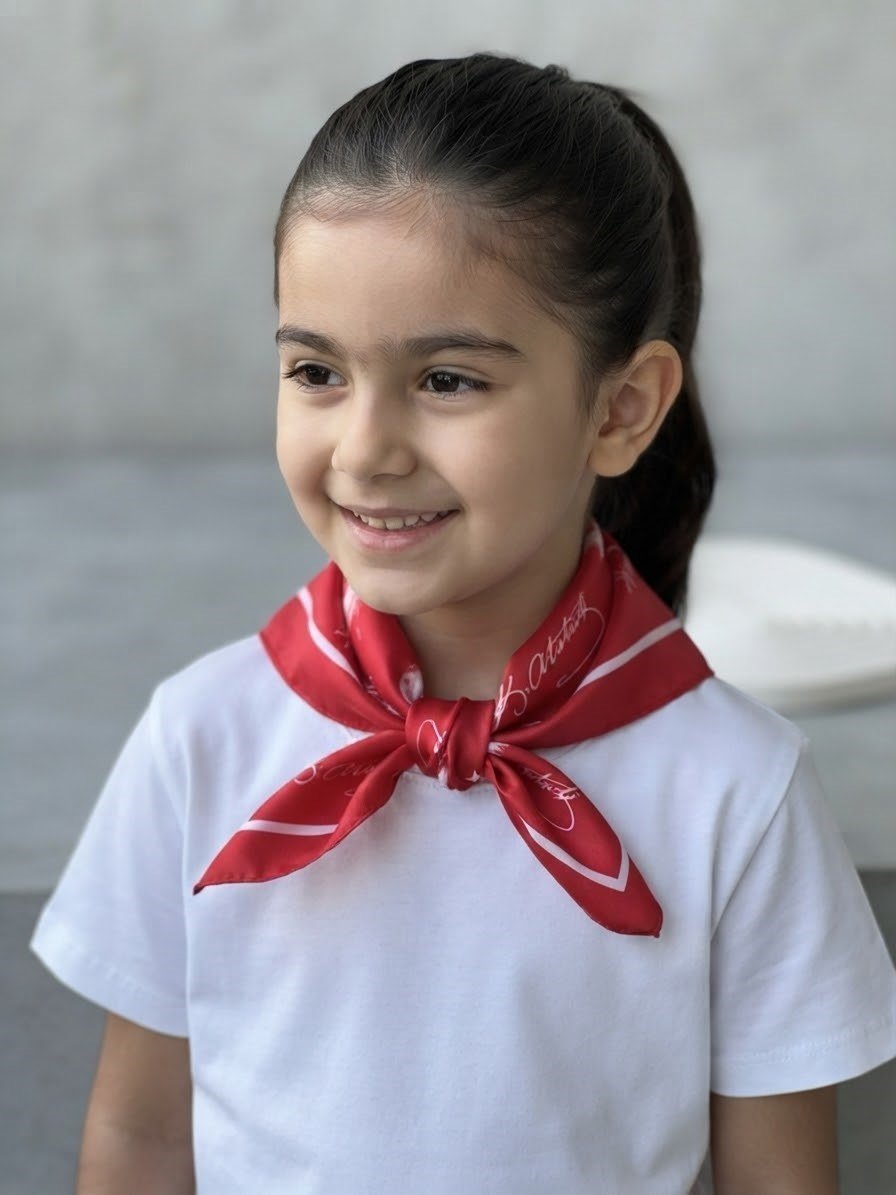 Atatürk Silüetli ve İmzalı Kırmızı 50x50 cm Saten Fular