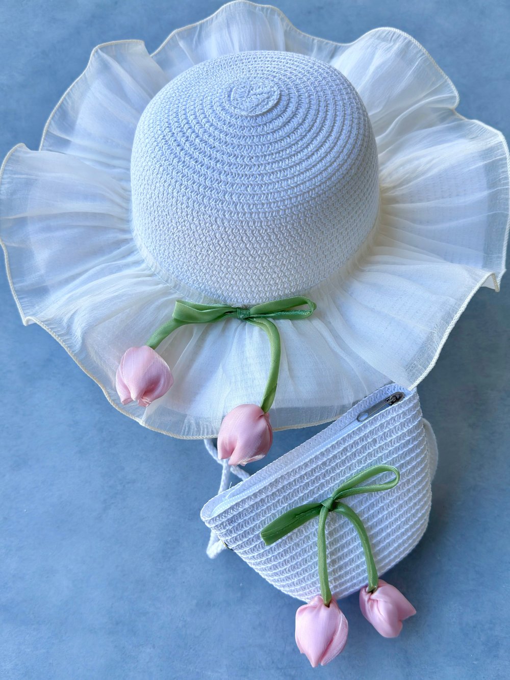 Lale Detaylı Hasır Şapka & Çanta Set