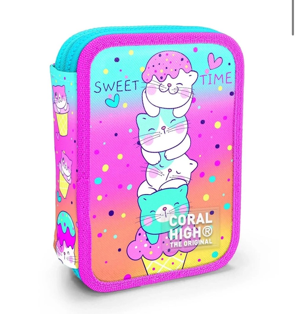 Coral High Dondurmalı Kedi Desenli Çift Kat Kalemlik