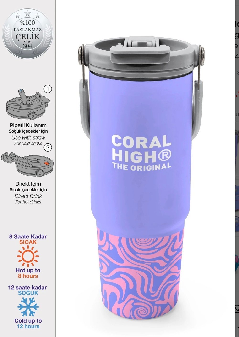 Coral High 900 ml Lila Geometrik Desenli Pipetli ve Direkt İçim Çelik Termos 