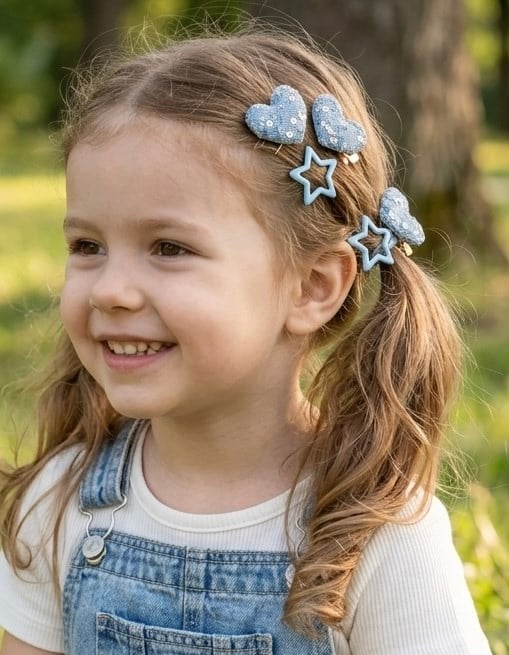 Parıltılı Kalp Desenli Kot Denim Kumaş Yıldız Çıtçıt Toka Seti