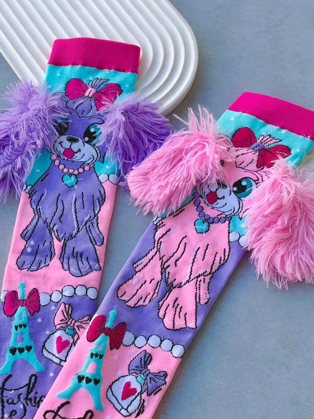 Tüylü Kulaklı Köpek  Pembe Mor 3 Boyutlu Uzun Çorap
