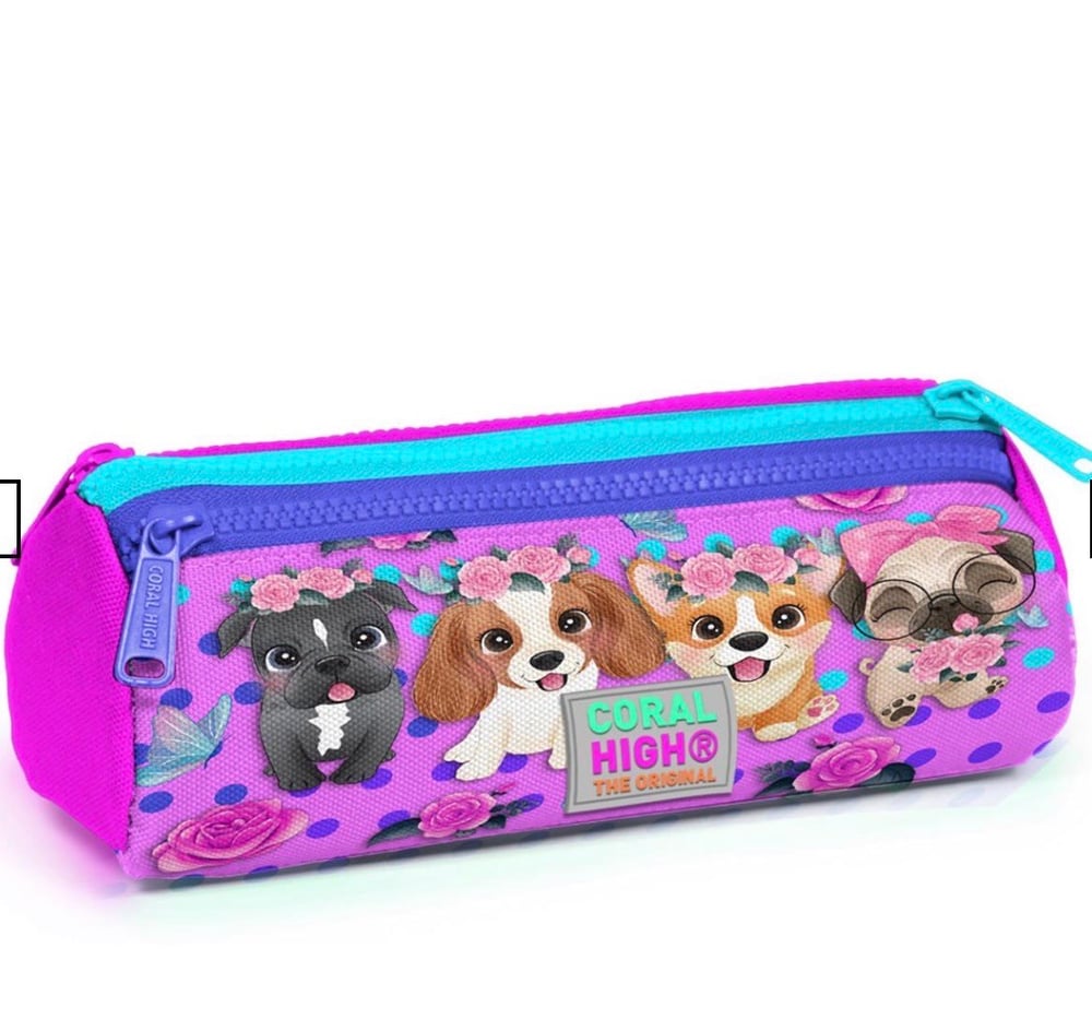 Coral High Pembe Köpek Desenli Üç Bölmeli Kalemlik