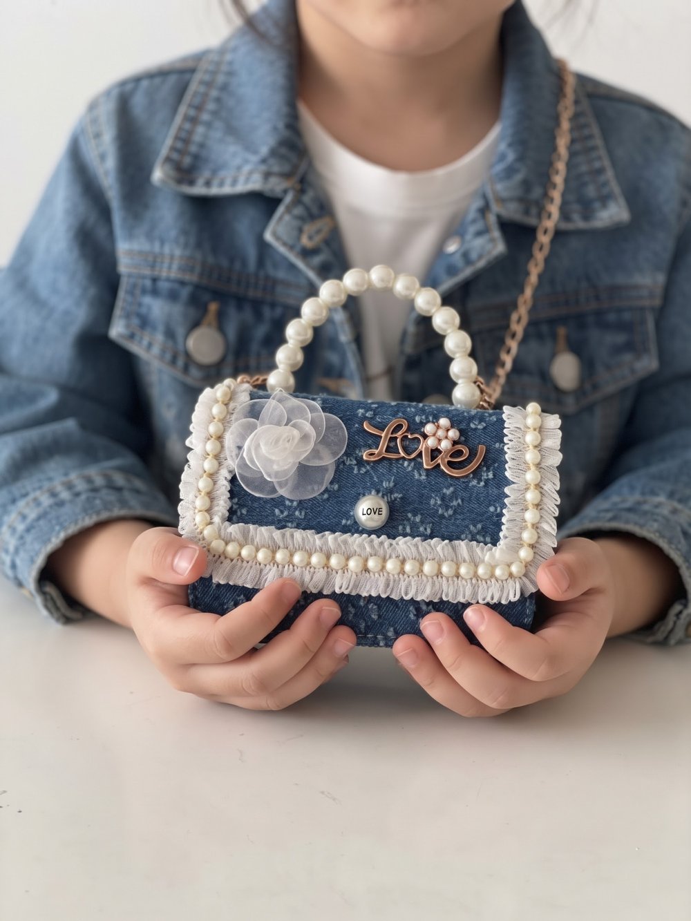 İnci Detaylı Koyu Kot Denim Çanta Pembe
