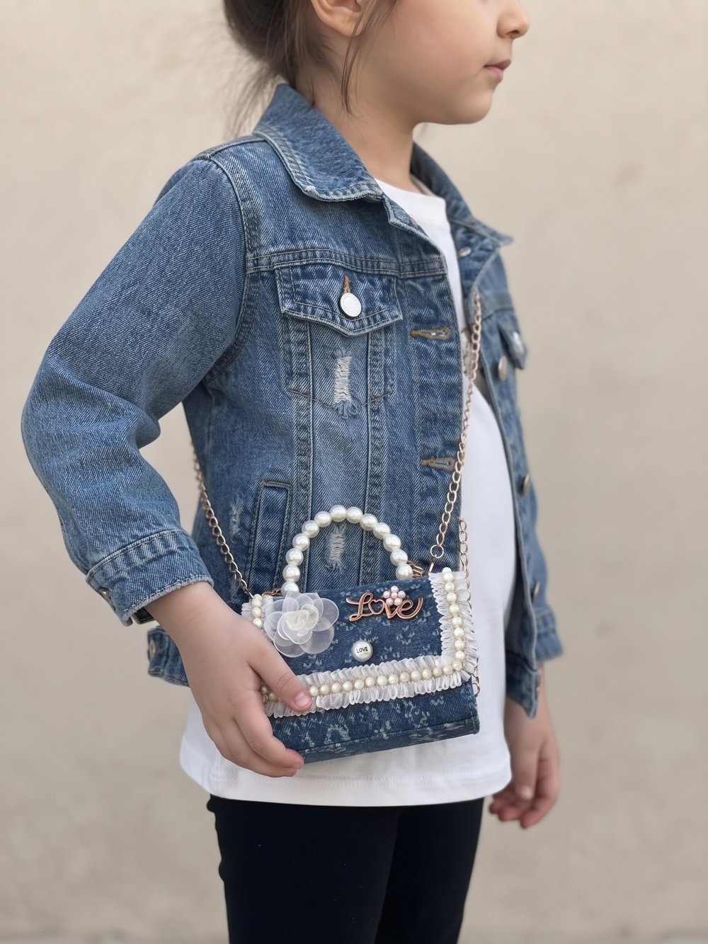İnci Detaylı Koyu Kot Denim Çanta Pembe