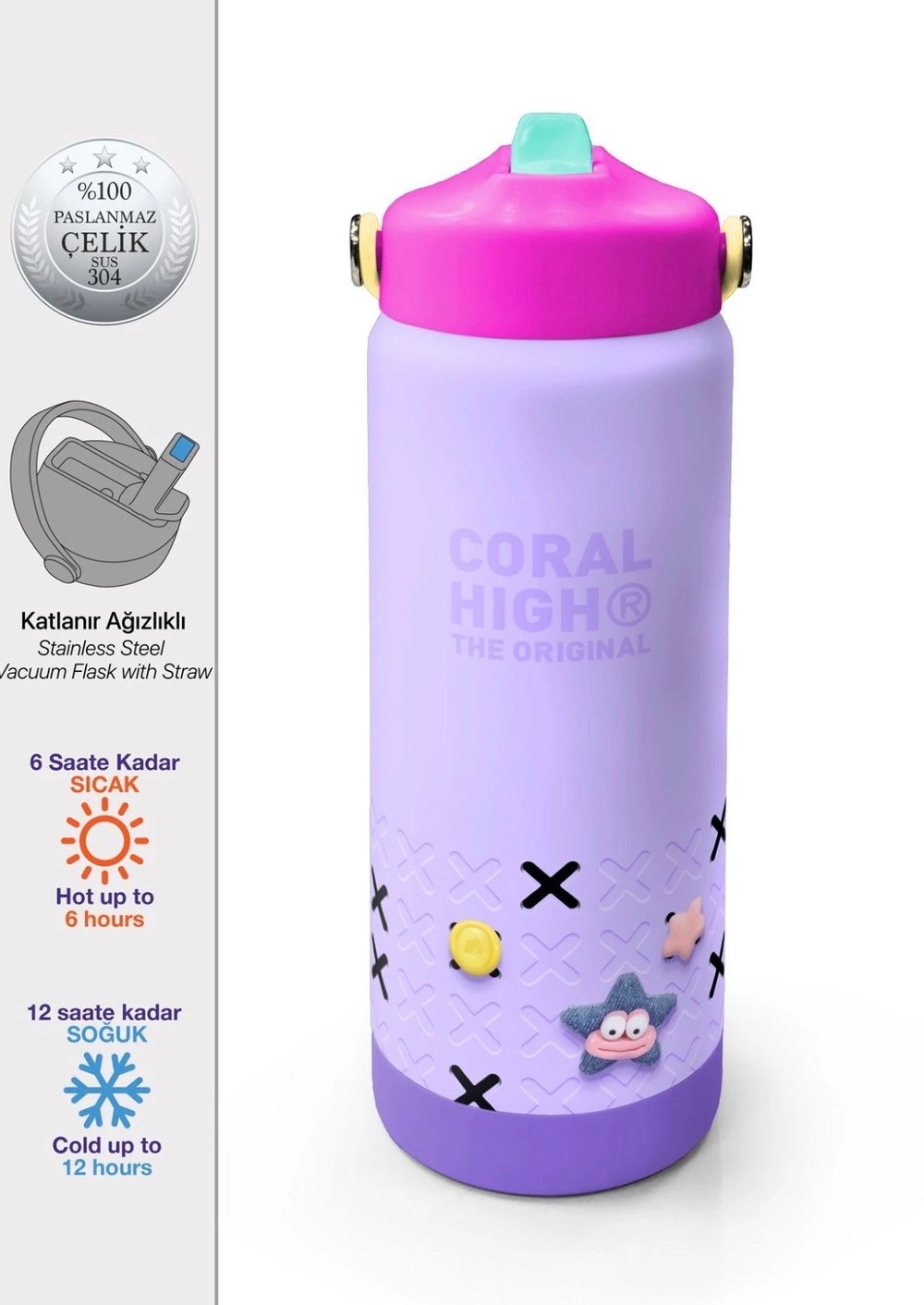 Coral High 650 Ml Mor Lila Desenli Katlanır Ağızlıklı Çelik Termos