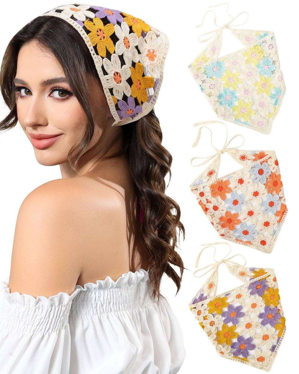 Papatya Desenli Örme Bohem Bandana