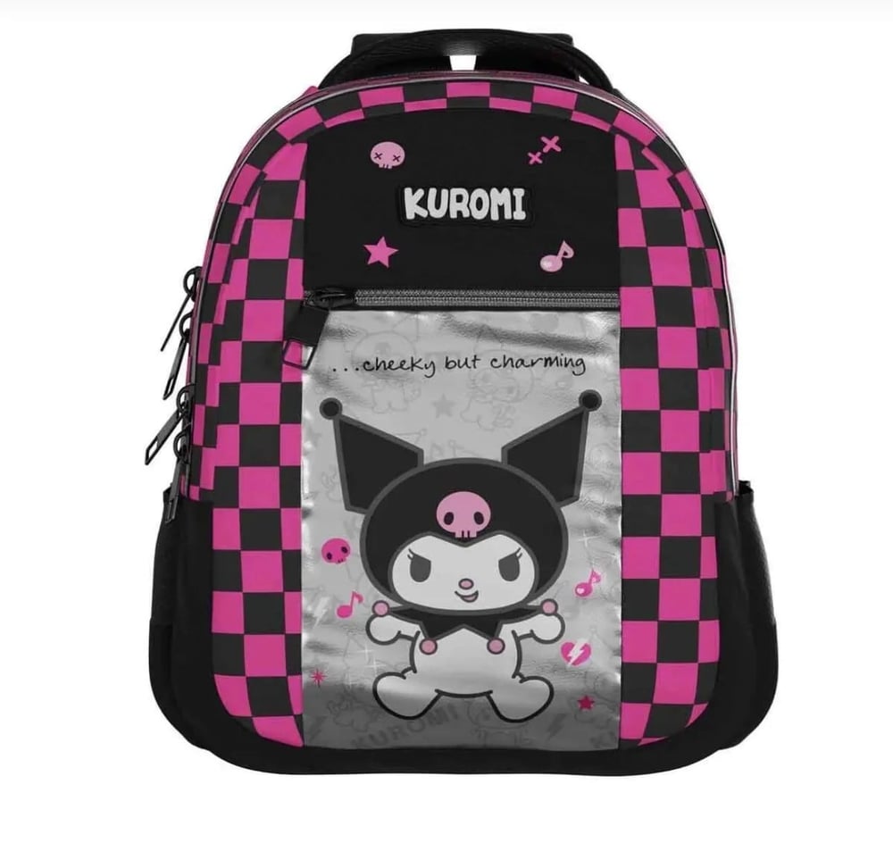 Lisanslı Kuromi Pembe Dama Desenli İlkokul & Ortaokul Çanta  Seti