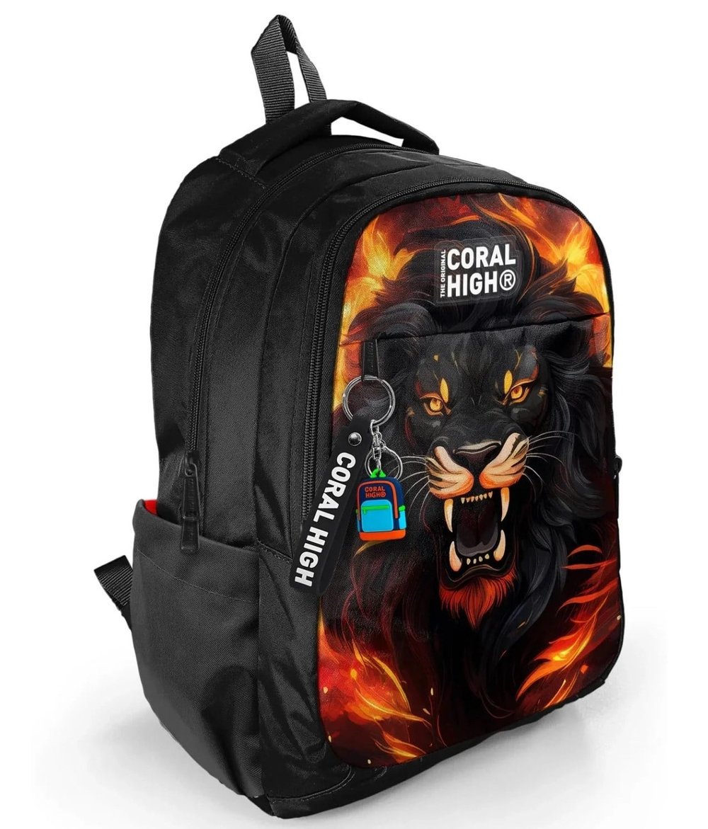 Coral High Kids Siyah Aslan Desenli Üç Bölmeli Okul Sırt Çantası