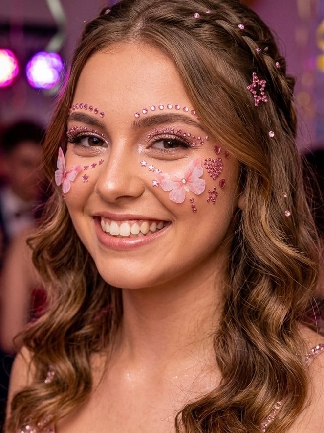  Taş Ve Kelebek Detaylı Pembe Renk Yüz &Saç Taşı