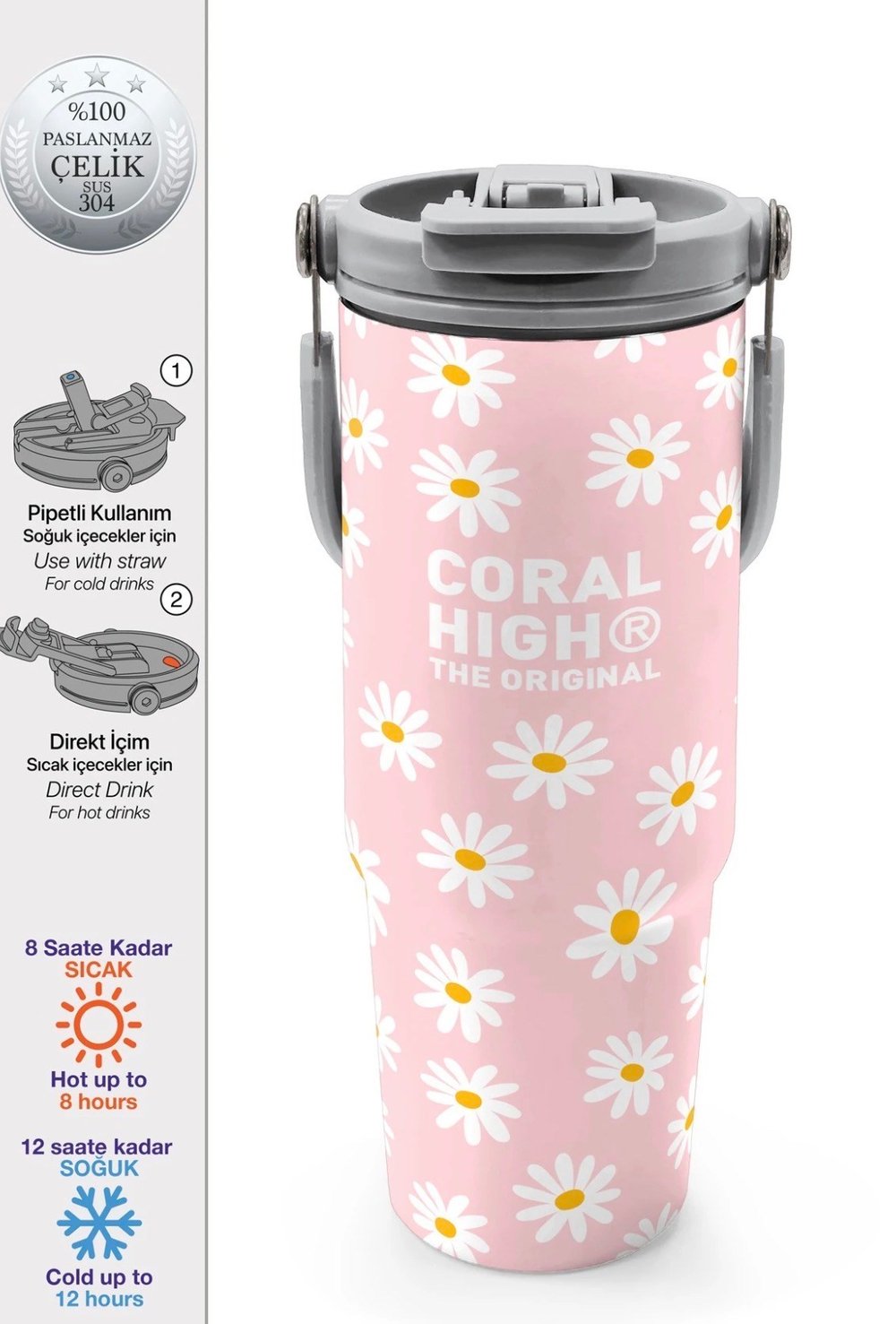 Coral High 900 Ml Papatya Desenli Pipetli ve Direkt İçim Çelik Termos